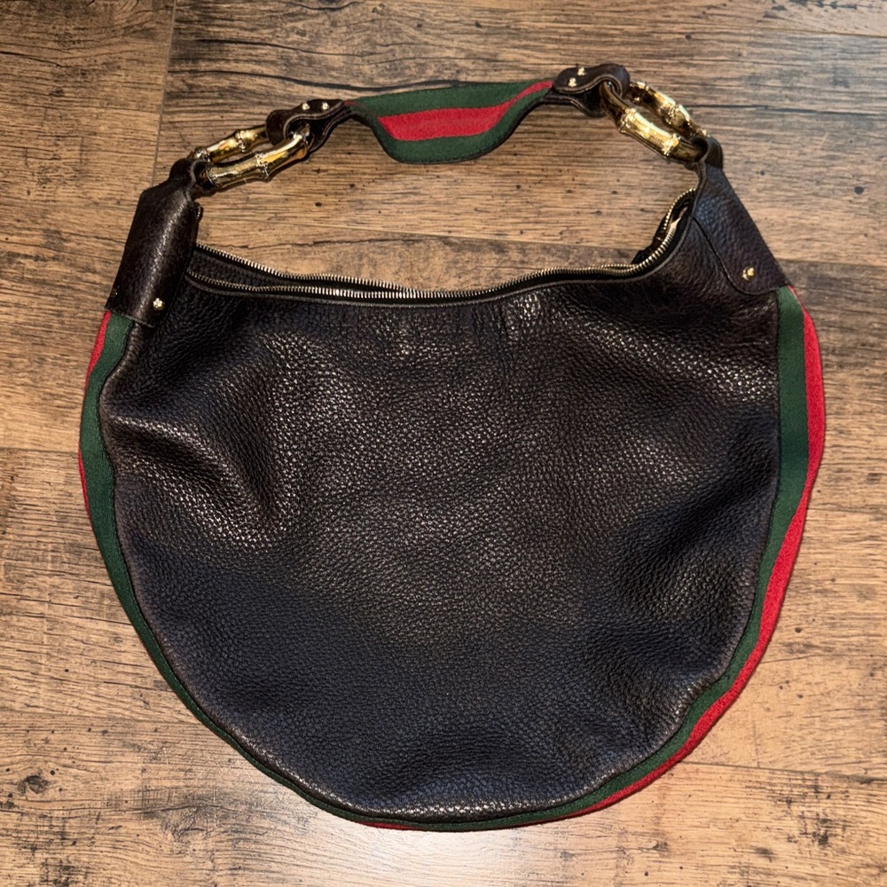 Gucci Black Leather Hobo Bag with Red and Green Strip